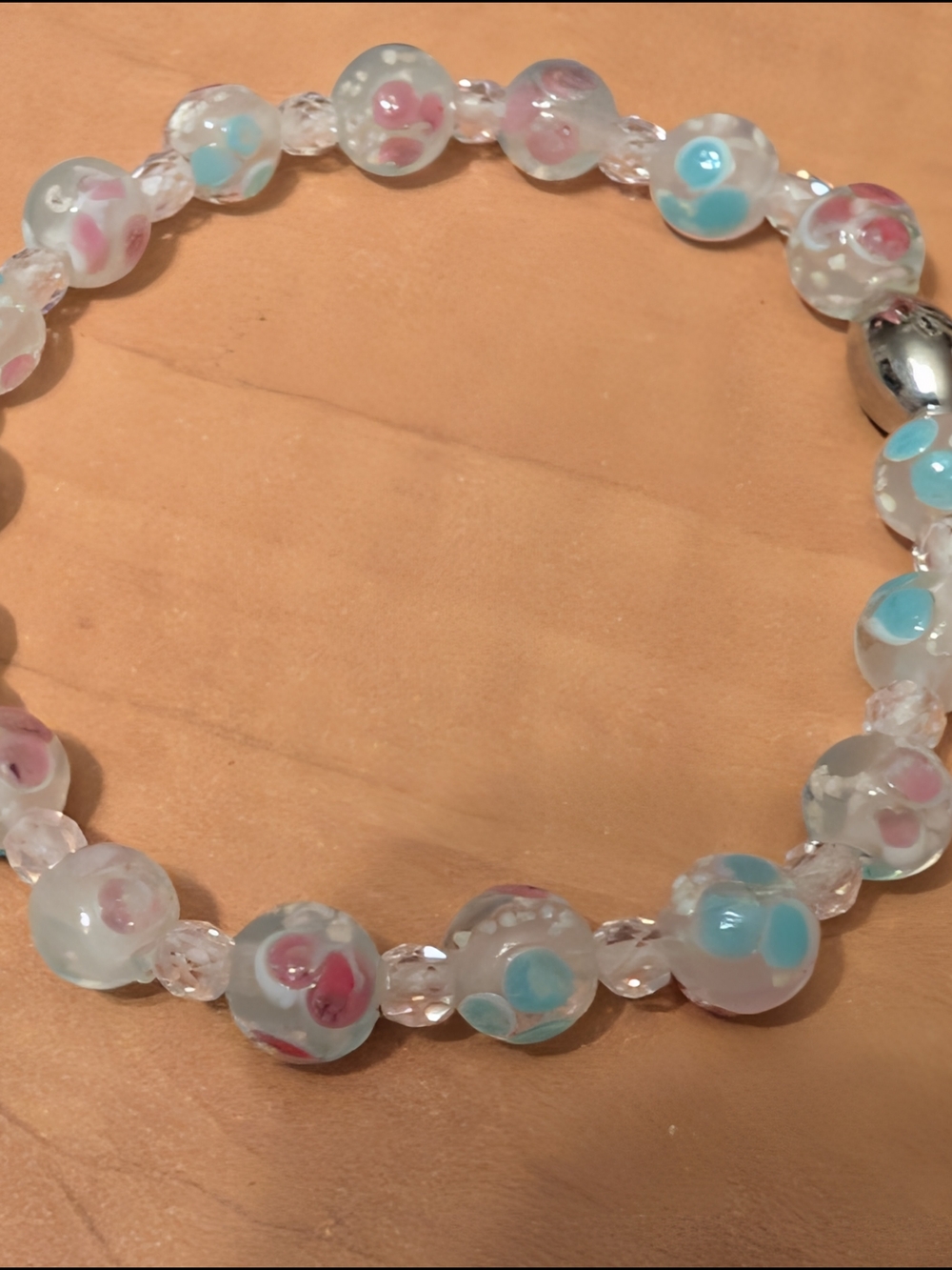 Pastel Pink & Blue Floral Glass Bead Bracelet